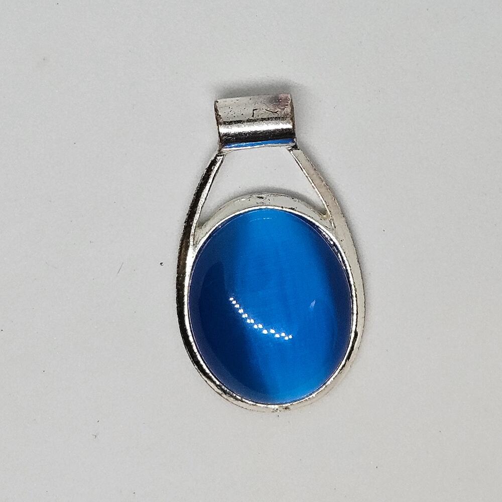 Modernistic Style Blue Cats Eye Glass Silver Tone Pendant